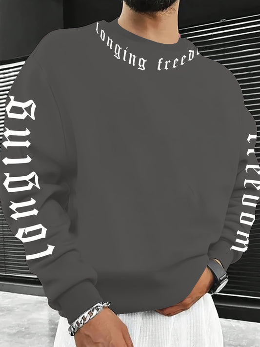 Men's Casual Crew Neck Sweatshirt with Trendy Print - Soft Polyester, Machine Washable