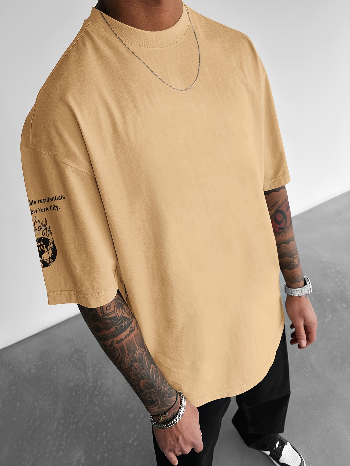 Men'S Fashion Graphic Print T-Shirt, Casual Loose Fit, Polyester Crew Neck Tee with Slight Stretch, with Inspirational Quotes and Peace Symbol, for Summer Knit Fabric Top