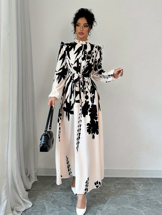 [1pc Floral Print A-Line Dress] 1pc Women'S Floral Print A-Line Dress with Waist Cinching, Polyester Fiber, Classic Collar, Autumn/Winter Season, 120g/m² Fabric Weight, 50g/m² Lining