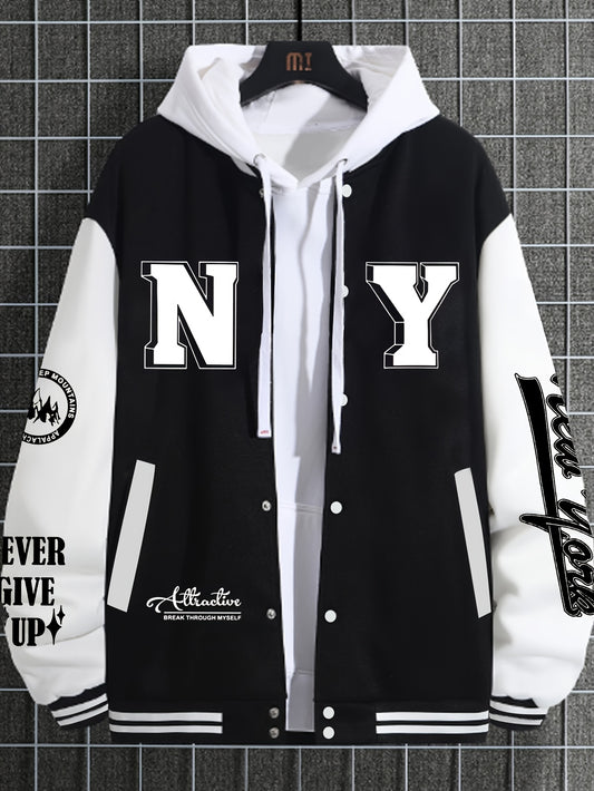 1pc Men'S Casual NY Letter Print Baseball Jacket, Polyester Button-Up with Geometric Patterns, Regular Fit, All-Season Sports Coat with Button Closure and Polyester Lining