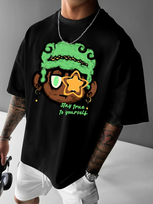 Men's Fashion Street Y2K Big Head Doll Print Pattern Casual Loose Round Neck Short Sleeve