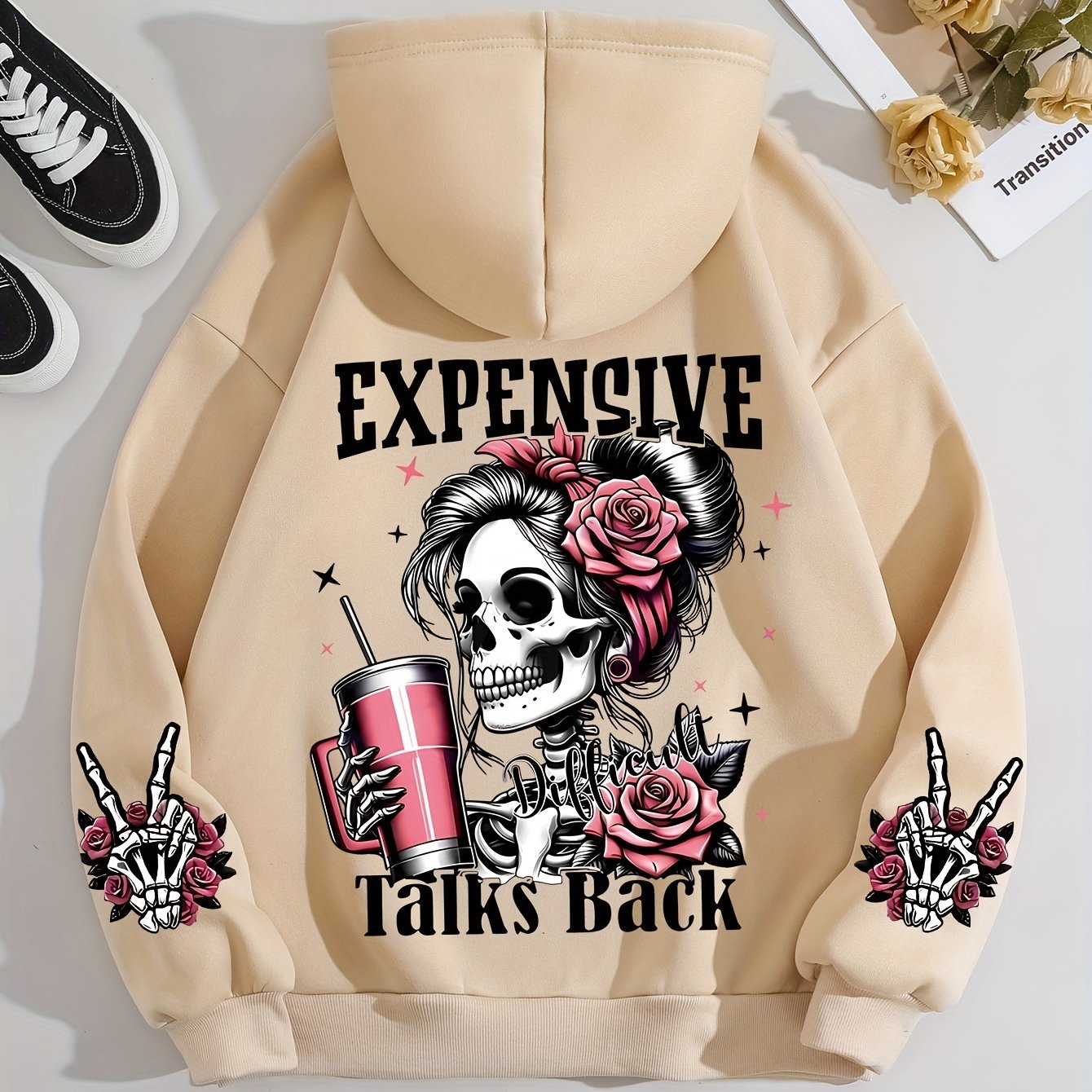 Ladies Fashion Hoodie: Relaxed Style, Polyester Material, Knit Fabric, All Seasons, No Detail, Letter Pattern