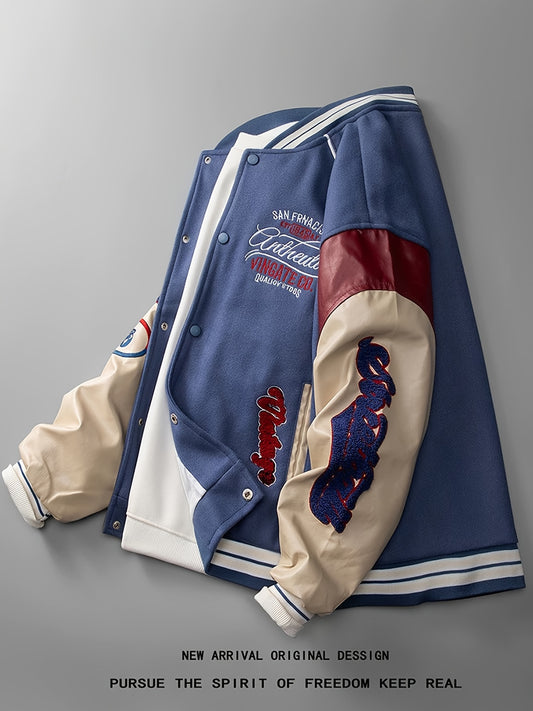 Men'S Vintage Letterman Jacket - Casual Polyester Baseball Outerwear with Embroidery, PU Leather Sleeves, Stand Collar, Non-Stretch, Snap Closure - Fall/Winter Fashion Jacket