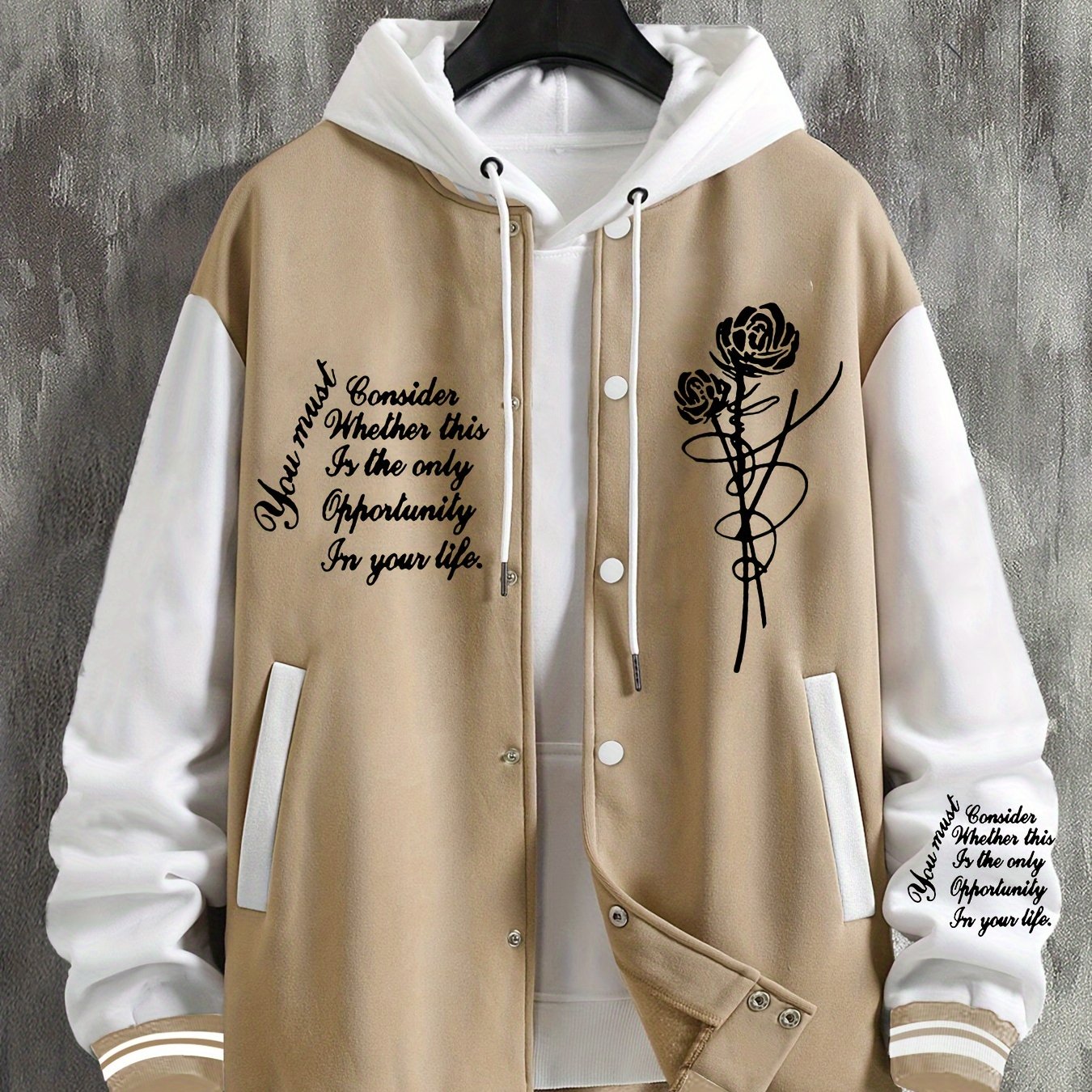 1pc Men'S Fashion Casual Sports Jacket with Rose Print - Polyester Knit Fabric, Baseball Collar, Double Breasted Closure, Regular Fit, Slight Stretch, Animal Pattern, Pocket Details, Lined with Polyester Fiber