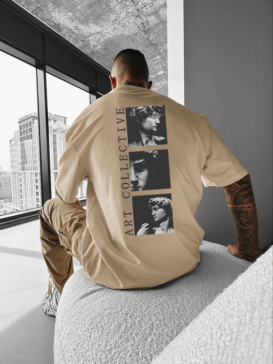 Men's Street Style Loose-Fit T-Shirt with Large Graphic Print, Drop Shoulder Short Sleeve, Polyester - Machine Washable, Street Style, Loosen Version, Summer