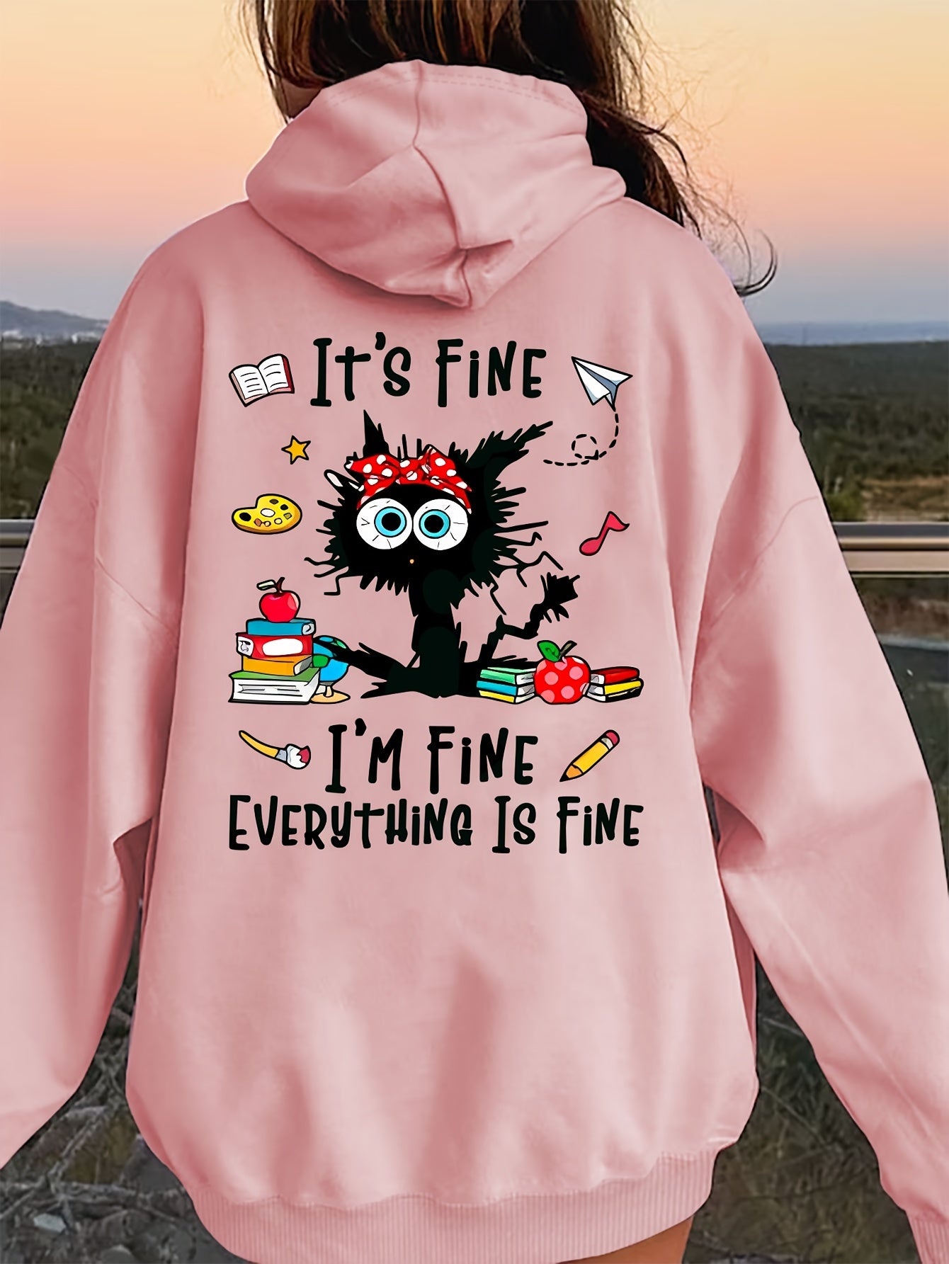 Cozy Cat & Letter Print Hoodie for Women - Casual Pullover with Kangaroo Pocket, Soft Stretch Polyester, Perfect for Fall/Winter