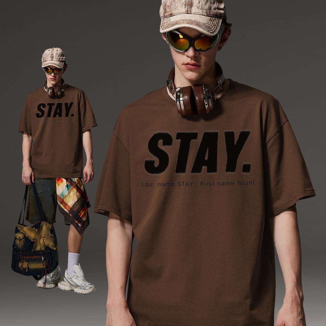 Korean Style Men Tops Kpop Streetwear STAY Print Luxury Cotton Male Tees Oversize Casual Unisex T-shirts Y2k Harajuku