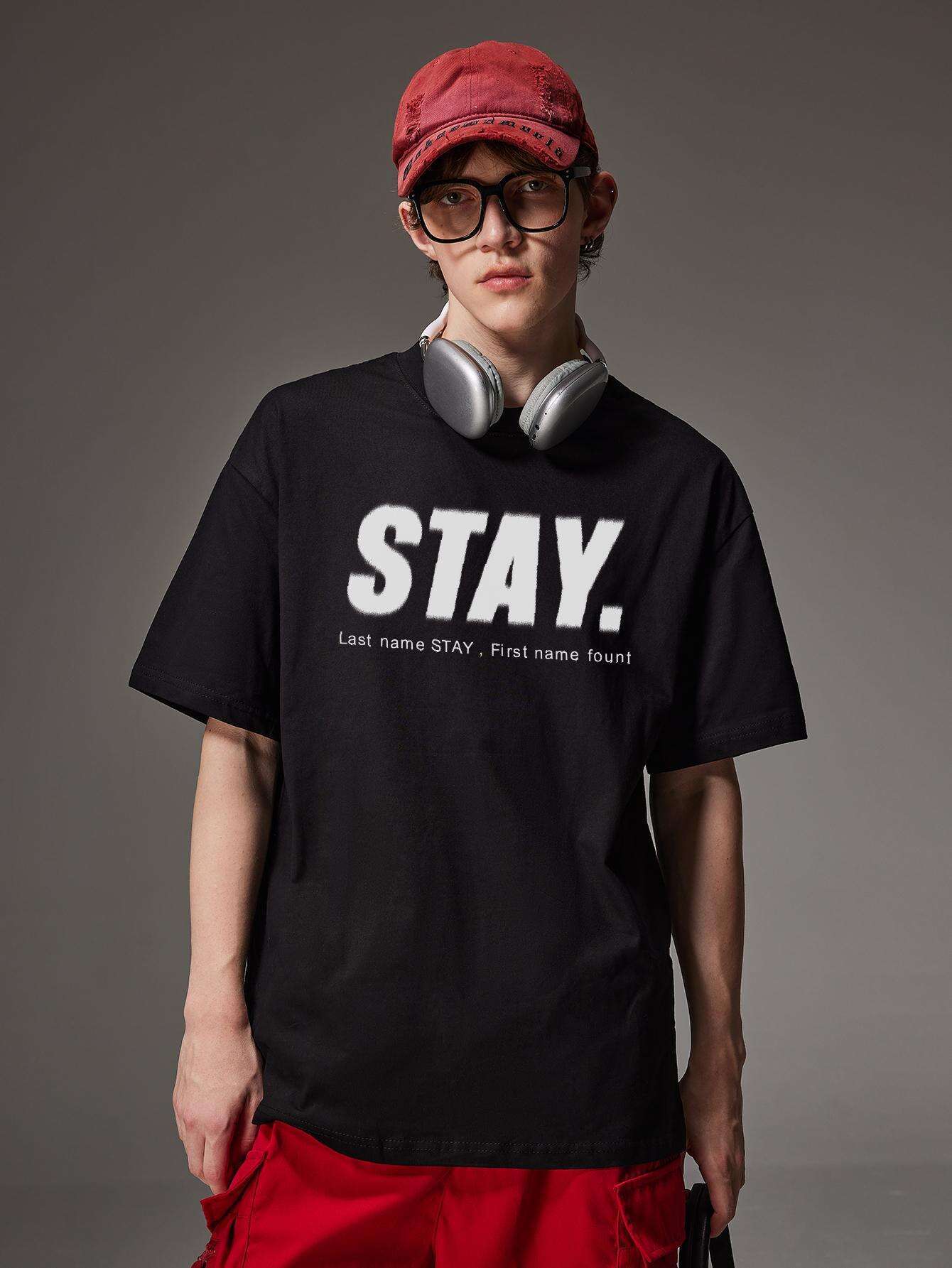 Korean Style Men Tops Kpop Streetwear STAY Print Luxury Cotton Male Tees Oversize Casual Unisex T-shirts Y2k Harajuku