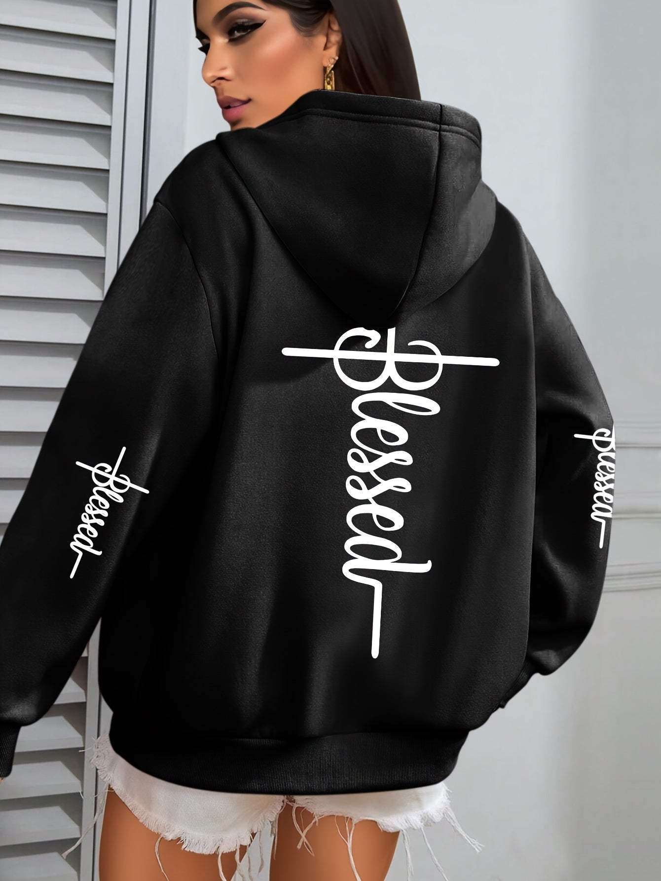 Women'S Plus Size "BLESSED" Print Hoodie - Casual Long Sleeve Pullover with Pocket, 100% Polyester Knit Fabric, Slight Stretch, Fall/Winter Hooded Sweatshirt, Faith Pattern Design