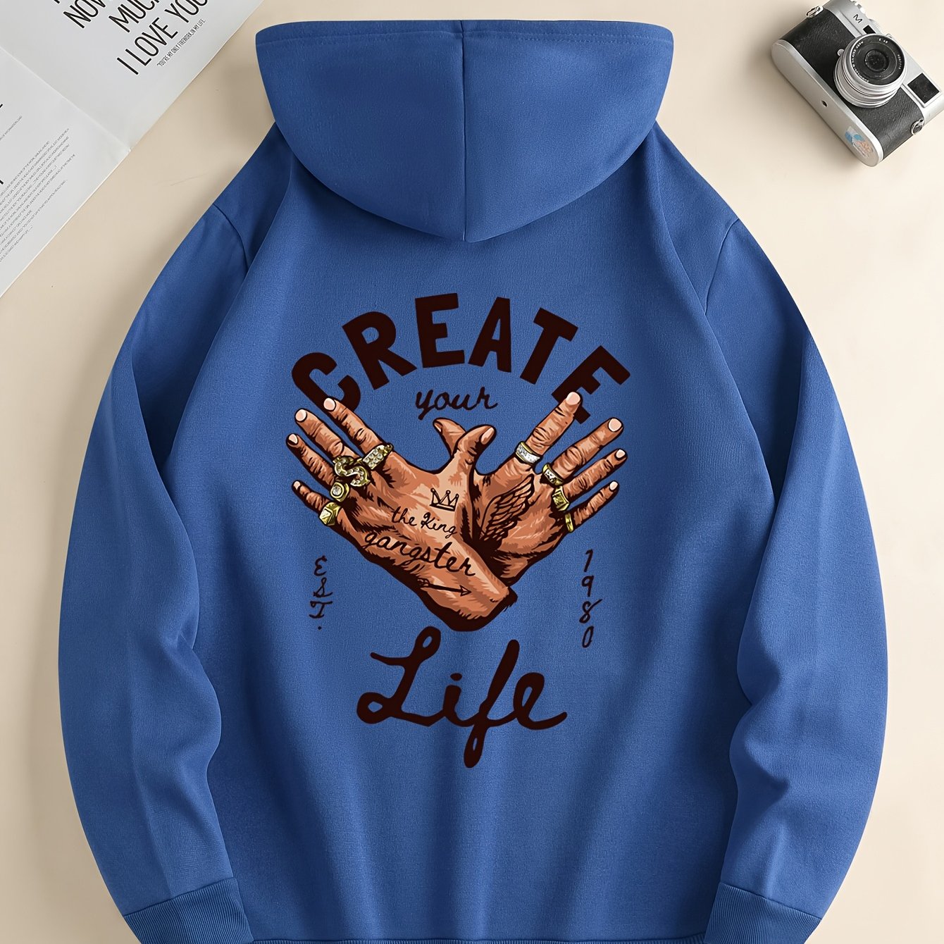 1pc Men'S Casual Street Gang Gesture Print Hoodie, Polyester Knit Fabric with Slight Stretch, Regular Fit Hooded Sweatshirt with Drawstring and Kangaroo Pocket, All-Season Top