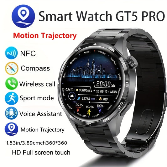 New Watch 5 Pro Smartwatch With 1.53-inch High-definition Screen, Voice Calling, Wireless Calling, NFC Access Control, Outdoor Sports Trajectory Smartwatch With Voice Assistant, Compass, Pedometer, Suitable For Android/iPhone