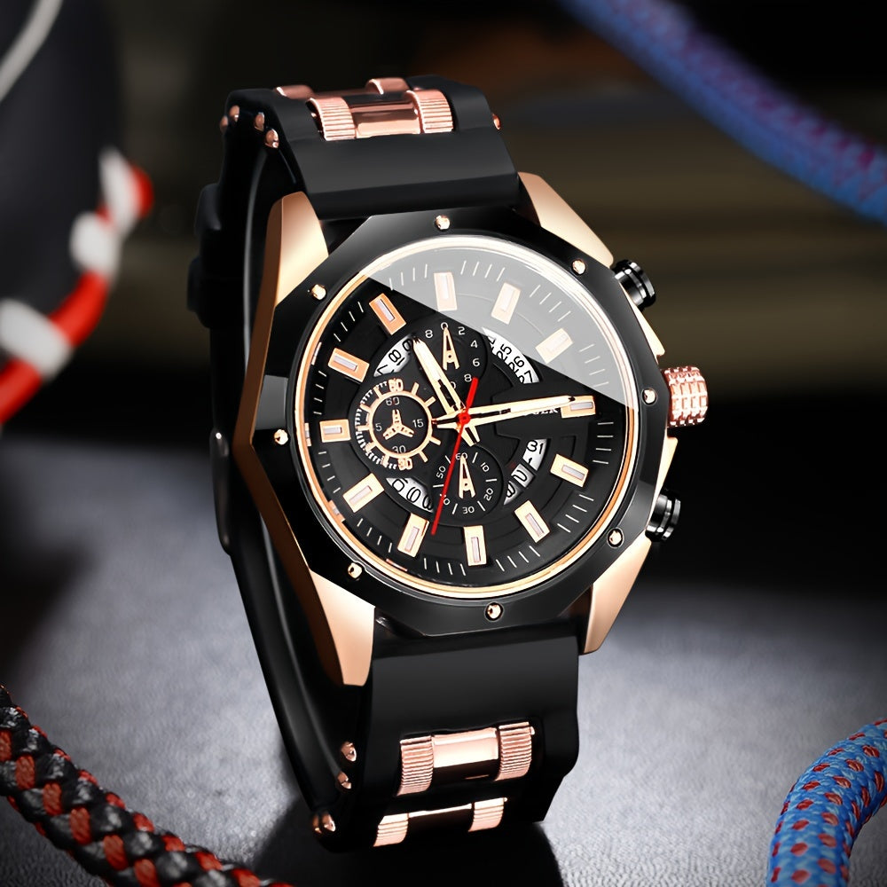 Fashion Men's Analog Quartz Watch, Leisure Sports Analog Digital Dial, Soft Silicone Strap, Calendar Display, Ideal Men's Valentine's Day, Father's Day, Homecoming Gifts -Eid Al-Adha [Middle East Orientation]