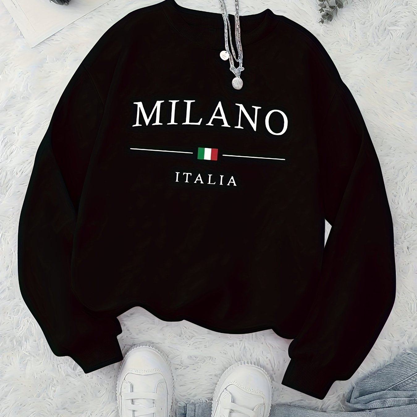 MILANO Print Pullover Sweatshirt, Casual Long Sleeve Crew Neck Sweatshirt For Fall & Winter, Women's Clothing