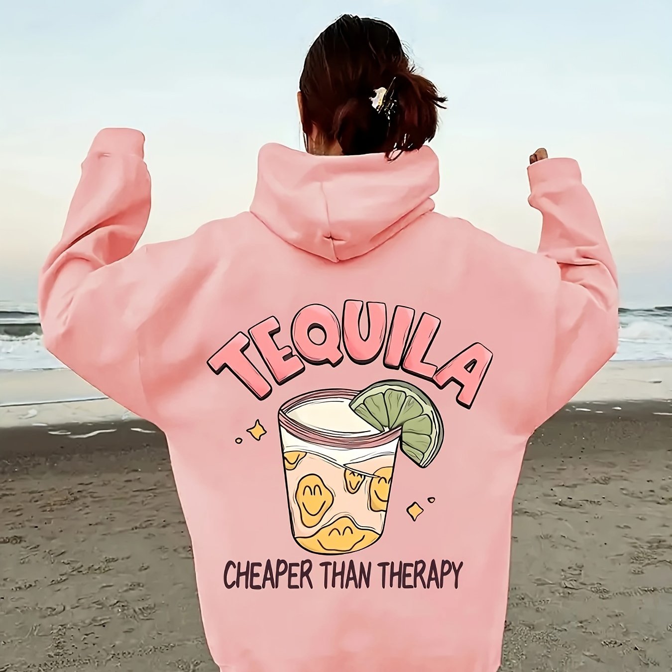 Cozy Comfort] Women's Casual Polyester Hoodie with Geometric Tequila Print, 100% Polyester Knit Fabric, Hooded Pullover with Pocket, Fall/Winter Fashion Sweatshirt, Sweater Hoodie