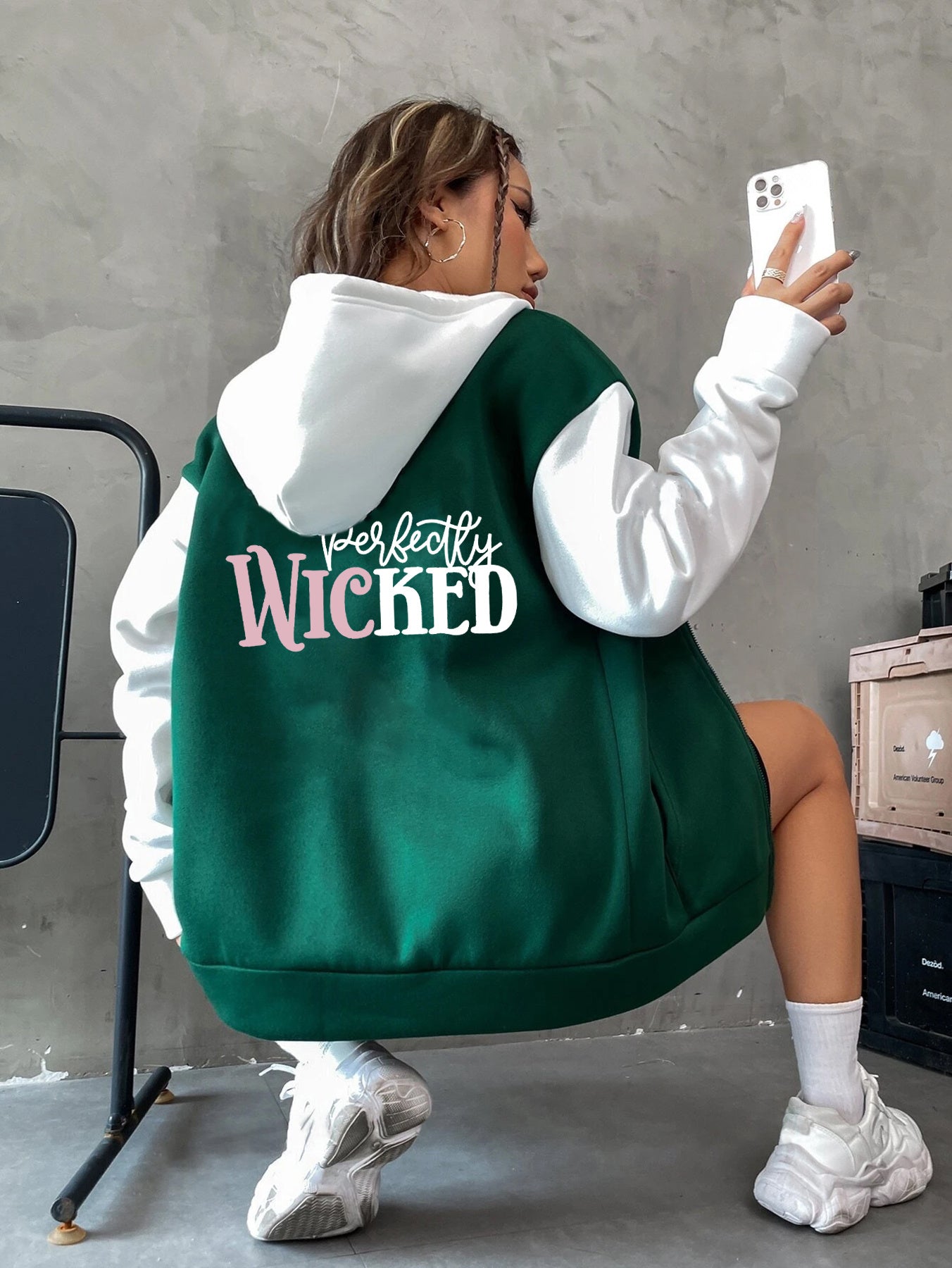 Wicked Witch-Inspired Fall/Winter Hoodie - Casual Zip-Up with Letter Print, Drawstring & Pockets, Cozy Fleece Lining, Patchwork, Sweater