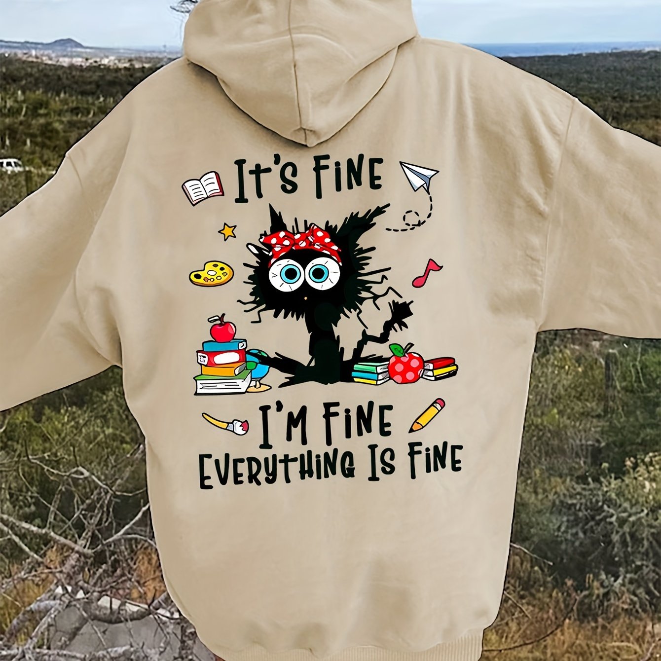 Cozy Cat & Letter Print Hoodie for Women - Casual Pullover with Kangaroo Pocket, Soft Stretch Polyester, Perfect for Fall/Winter