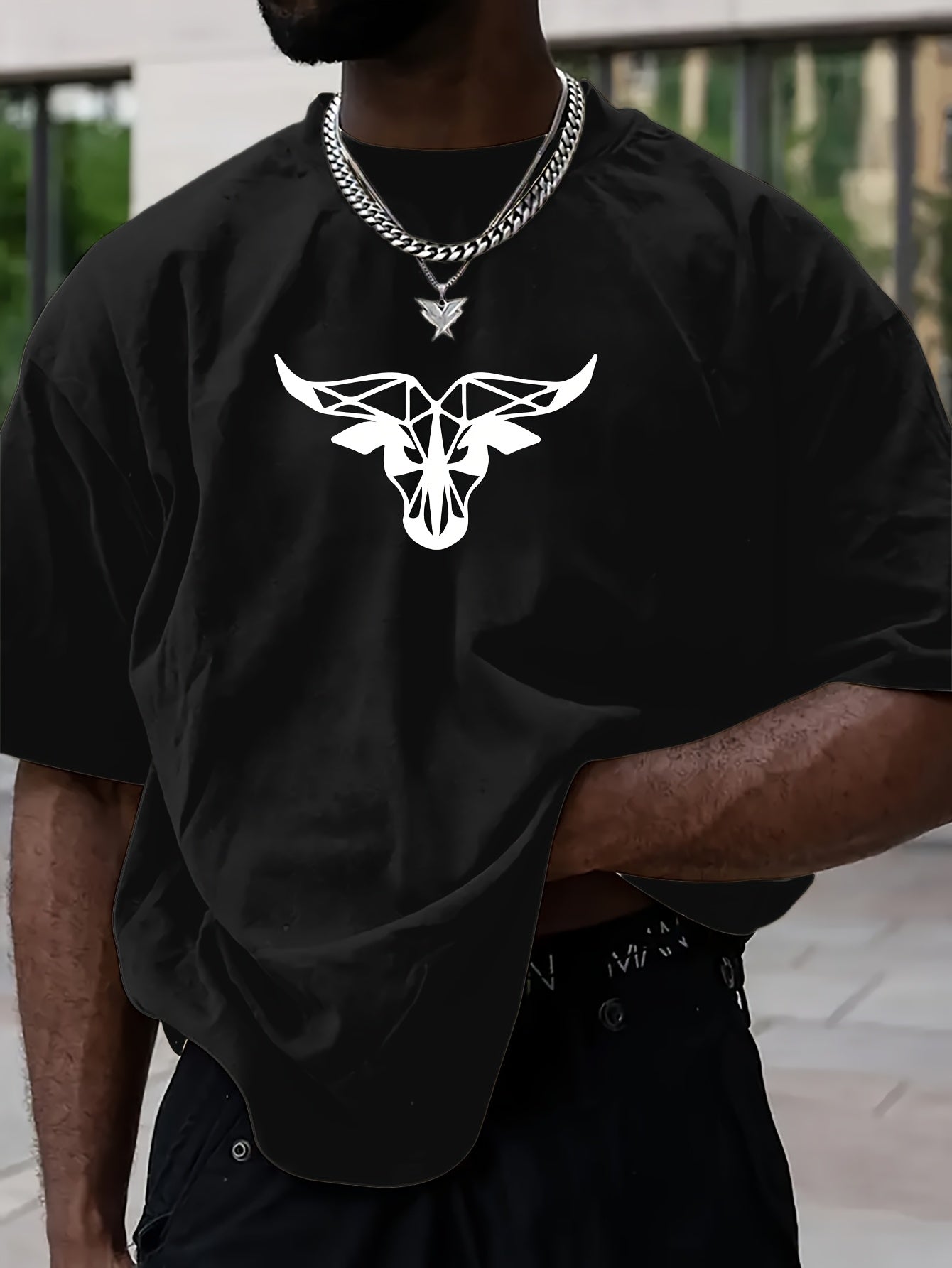 Men's T-shirt with Geometric Muscle Cow Print, Loose Fit Short Sleeve T-shirt, Dropped Shoulder