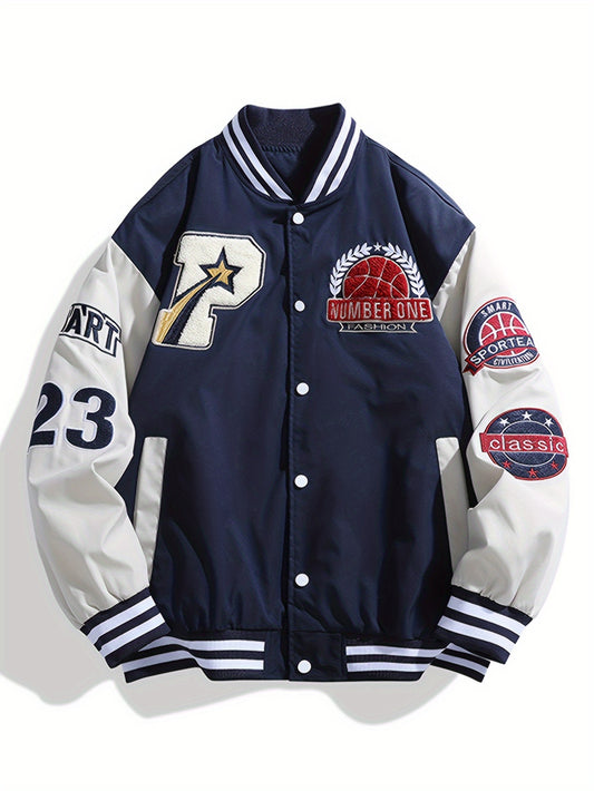 1pc Men's Casual Style Letter Pattern Embroidered Patchwork Baseball Jacket, Regular Fit Long Sleeve with Pockets, Tower Loop Collar, Single-Breasted Front, Woven Fabric, Non-Stretch - 6996M