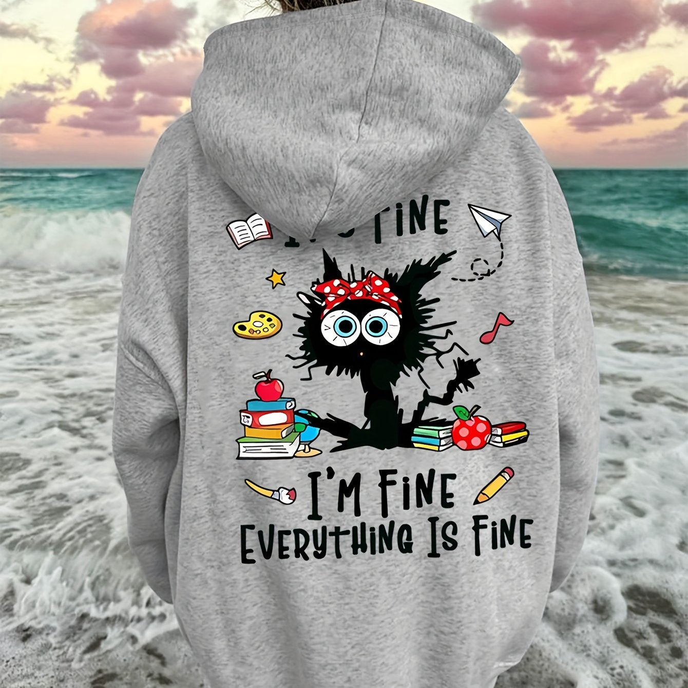 Cozy Cat & Letter Print Hoodie for Women - Casual Pullover with Kangaroo Pocket, Soft Stretch Polyester, Perfect for Fall/Winter