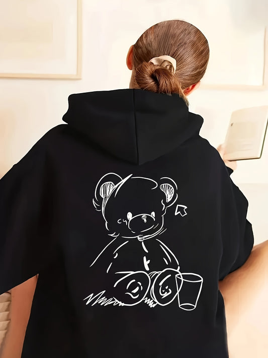 Cartoon Bear Print Hoodie Sweatshirt, Casual Knitted Polyester Hoodie with Pocket, Unisex Long Sleeve Pullover Hoodie for All Seasons