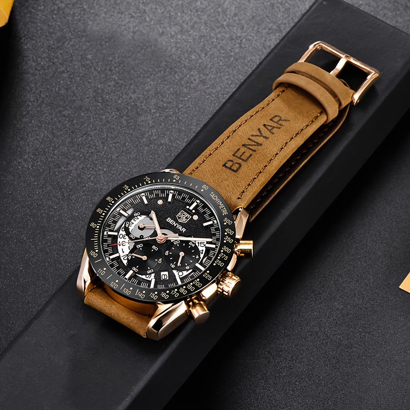 Benyar Chronograph Men's Watch - Analog Quartz Stylish Sports Wristwatch - Elegant Father's Day Gift