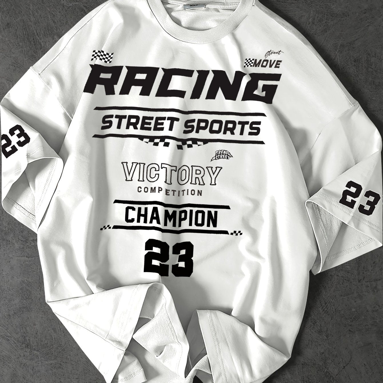 Men's Fashion Printed T-Shirt, Casual Loose Fit, Round Neck, Polyester, Summer, Street Racing Design, Number 23, Knit Fabric, Sporty Style
