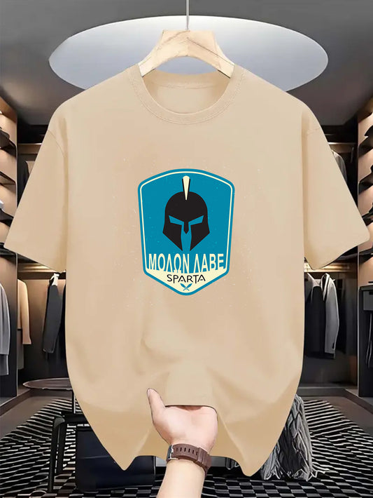 Men's SPARTA Graphic Tee - Beige Crew Neck Short Sleeve T-Shirt with Blue Spartan Helmet Design, 100% Polyester, Casual Summer Wear for Everyday & Special Occasions, Cool Oversized Tee Shirts