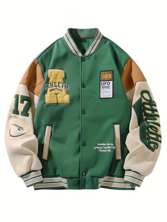 Men's Casual Varsity Jacket with Letter Embroidery - Knit Polyester, Machine Washable, Baseball Collar, Long Sleeve Outerwear for Fall & Winter