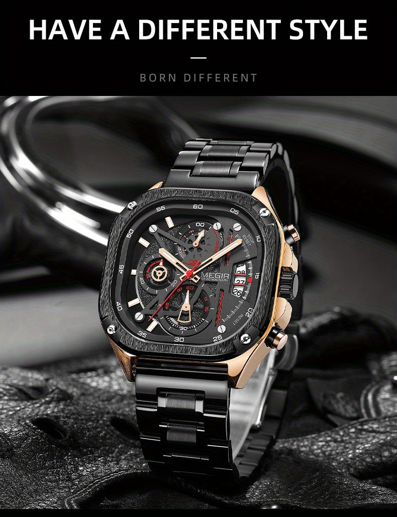 MEGIR Black Quartz Watch Men Square Dial Wristwatch with Chronograph Stainless Steel Strap Luminous Hands Auto Date