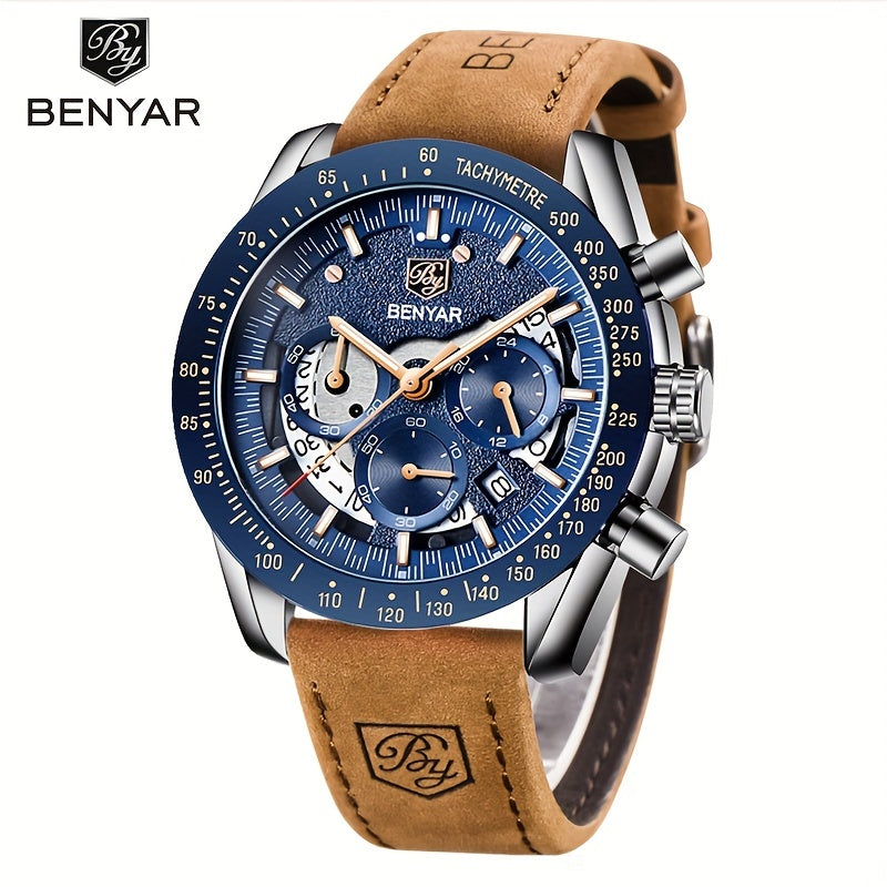 Benyar Chronograph Men's Watch - Analog Quartz Stylish Sports Wristwatch - Elegant Father's Day Gift