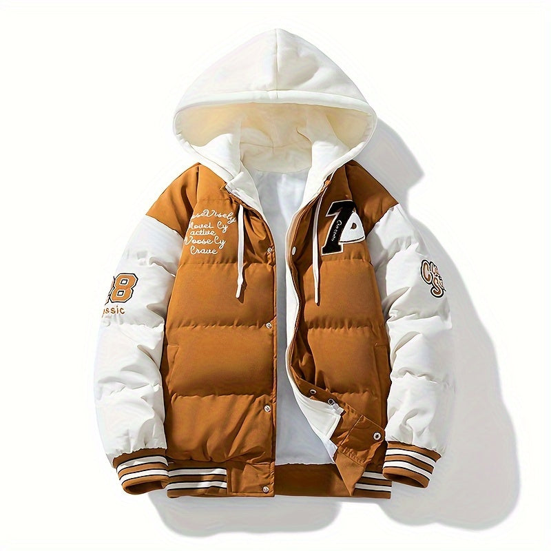 Men's Preppy Style Hooded Varsity Jacket - Casual Color Block Puffer with Embroidered Patches, Zip-Up, Long Sleeves, Polyester - Perfect for Baseball & Casual Attire, Everyday Jacket|Color Block Design|Ribbed Cuffs