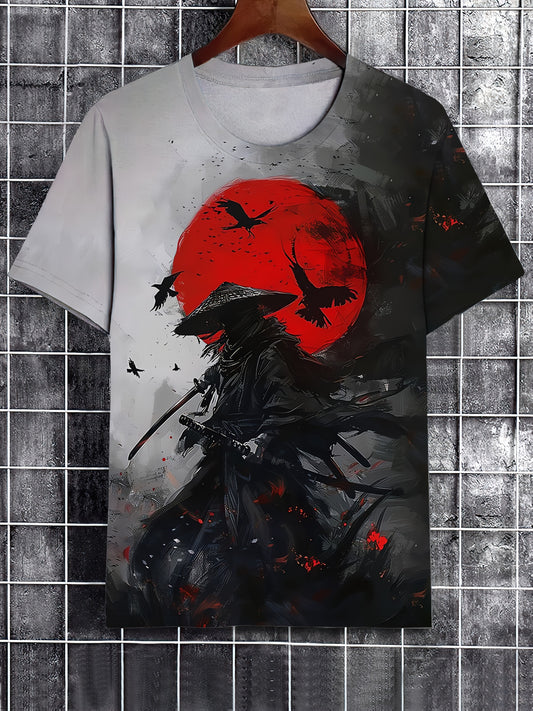 1pc Men'S 3D Digital Print Samurai Ink Painting Pattern T-Shirt, Short Sleeve Crew Neck Tee, Casual Summer Streetwear, Polyester Knit Fabric with Slight Stretch, Regular Fit for Teens