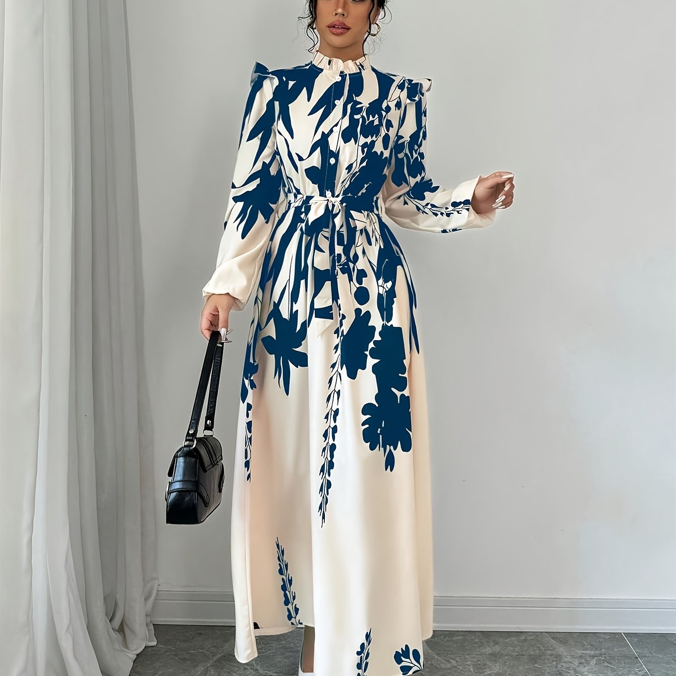 [1pc Floral Print A-Line Dress] 1pc Women'S Floral Print A-Line Dress with Waist Cinching, Polyester Fiber, Classic Collar, Autumn/Winter Season, 120g/m² Fabric Weight, 50g/m² Lining