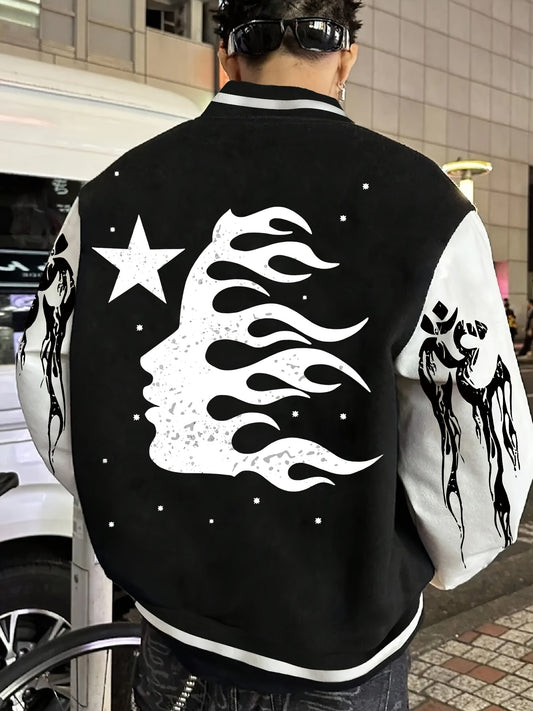 Men's Star & Woman Print Varsity Jacket - Casual Long Sleeve Baseball Collar Coat for Fall/Winter, Machine Washable