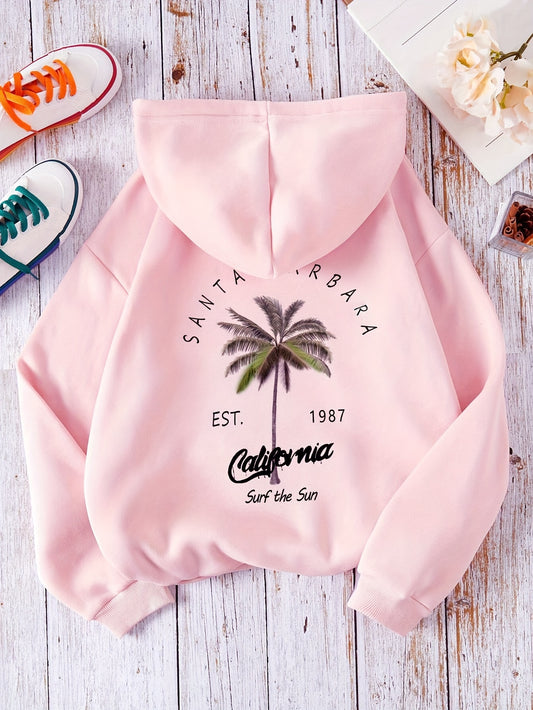 Cozy Pink California-Inspired Hoodie for Women - Warm Long Sleeve Pullover with Palm Tree & Surf Sun Design, Casual Autumn/Winter Outerwear, 100% Polyester, Machine Washable