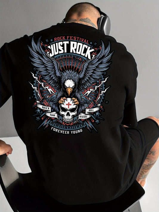 Men'S Street Style Graphic T-Shirt - "JUST ROCK" Print, Polyester, Casual Loose Fit, Summer, Comfortable Round Neck, Unisex