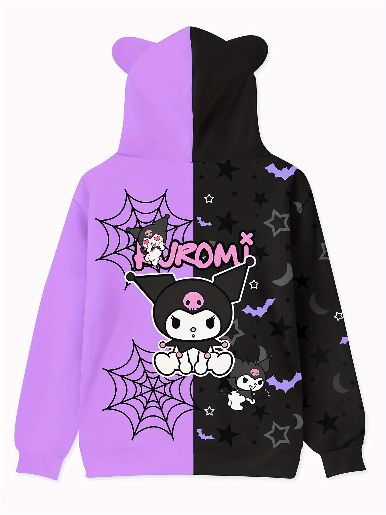 Sanrio Kuromi Women'S Hoodie - 100% Polyester Casual Long Sleeve Hooded Sweatshirt with Pockets, Cartoon Pattern, Knit Fabric, Fall/Winter Collection