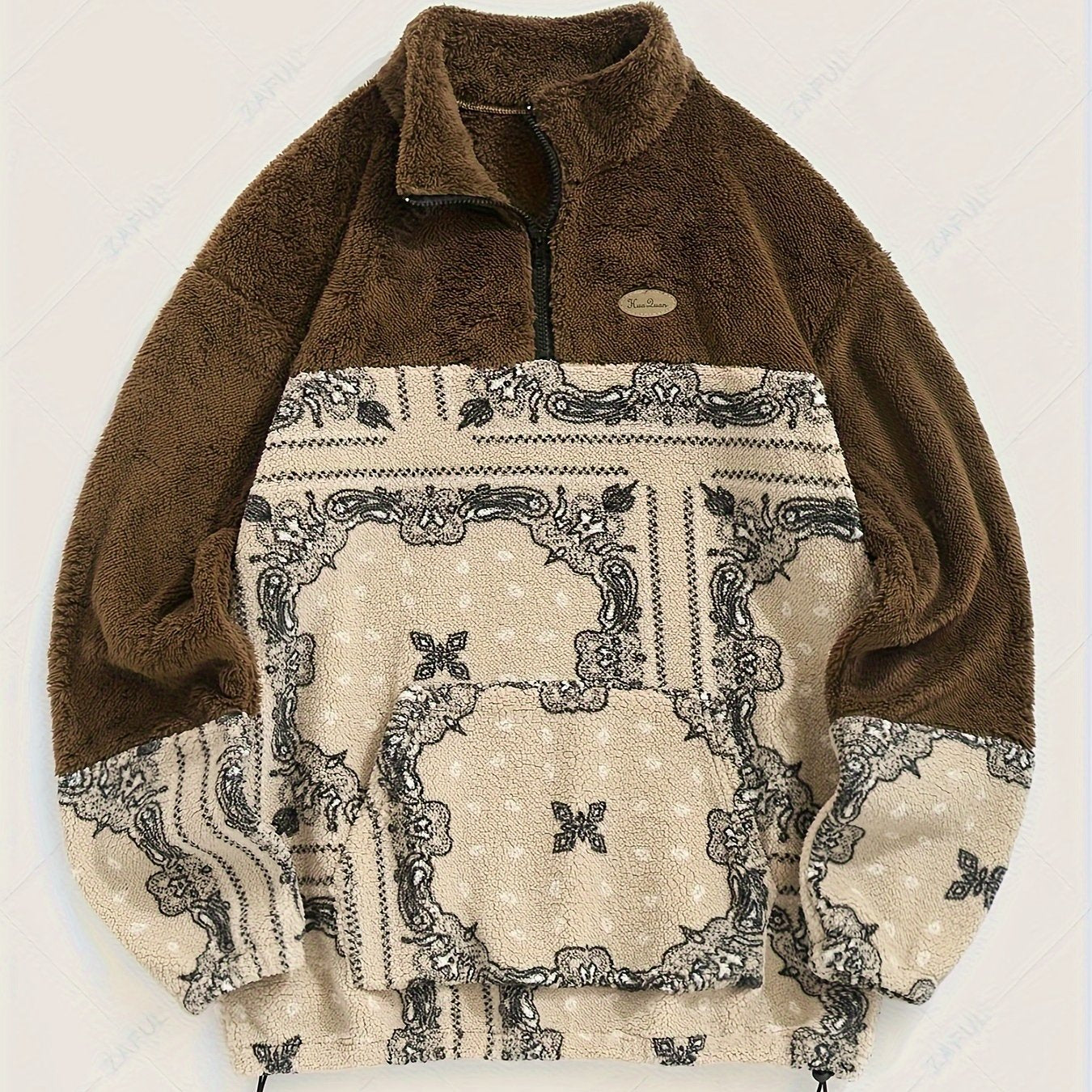 Men's Casual Paisley Pattern Stand Collar Jacket, 100% Polyester Knit Fabric with Medium Stretch, Loose Fit Zip-Up with Drawstring Hem, Long Sleeve Streetwear for Daily Commute and Winter Outings, Casual Winter Jacket|Trendy