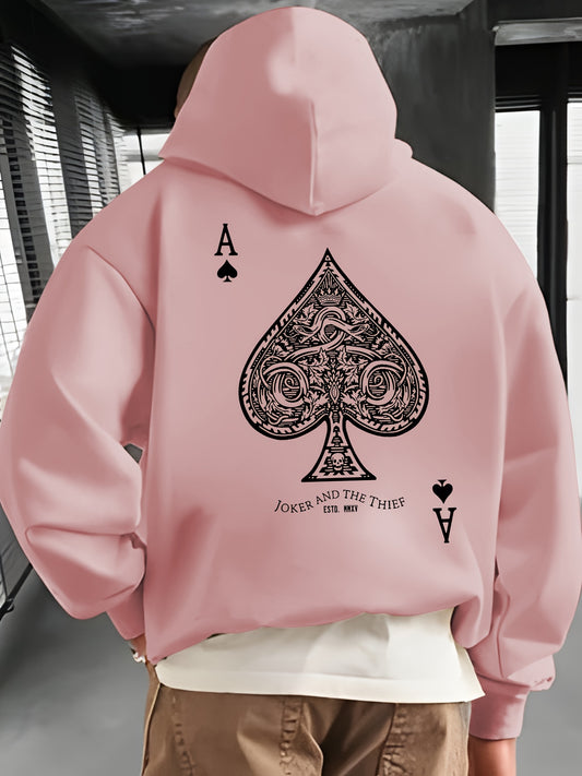Men's Casual Pullover Hoodie with Geometric Spade Print, Polyester, Regular Fit, Knit Fabric, Pocket Detail, Sports Sweatshirt