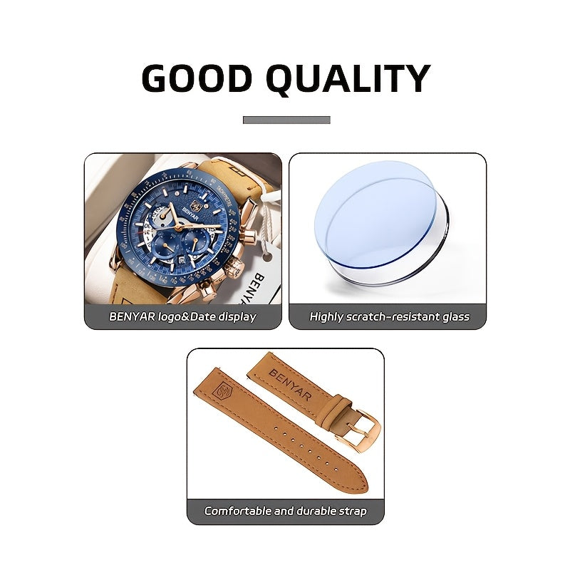 Benyar Chronograph Men's Watch - Analog Quartz Stylish Sports Wristwatch - Elegant Father's Day Gift