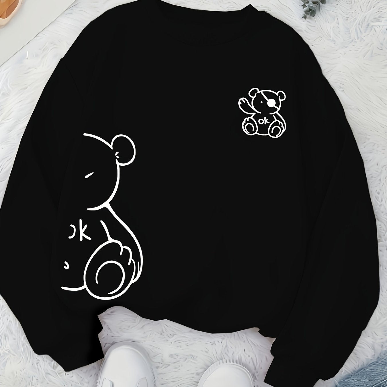 Cuddle-Ready, Women's Cute Pirate Bear Print Crew Neck Sweatshirt - Cozy Polyester, Machine Washable, Non-Sheer, Knit Fabric, Perfect for Fall & Winter - Casual Long Sleeve Pullover