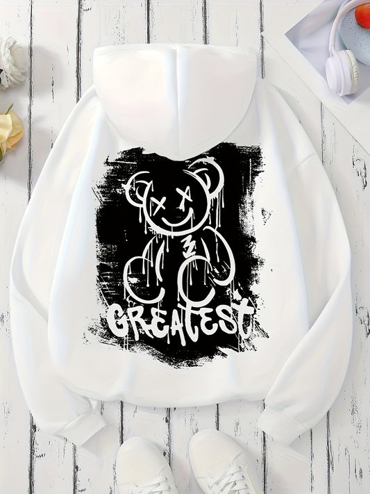 Bear Print Kangaroo Pocket Hoodie, Casual Long Sleeve Drawstring Hooded Sweatshirt, Women's Clothing