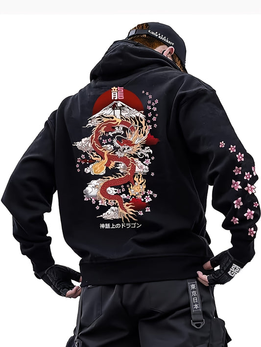 Men's Casual Black Hoodie with Japanese Cherry Blossom & Dragon Print - Comfortable Polyester Long Sleeve Pullover with Drawstring, Machine Washable, Ideal for Everyday & Outdoor Wear, Essential Hoodie