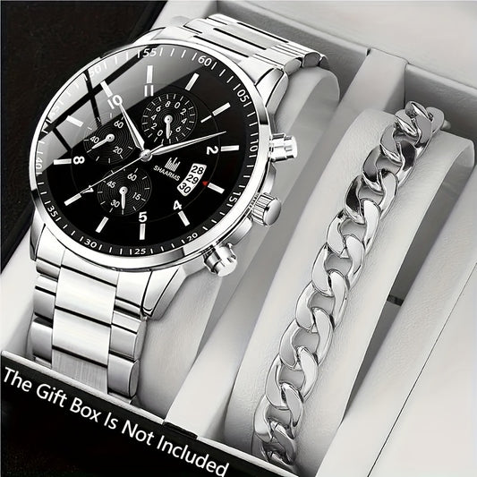 2pcs New Minimalist Stylish Men'S Round Dial Quartz Watch + Classic Versatile Chain Bracelet, The Perfect Gift for Friends During Back-To-School And Graduation Seasons, an Ideal Choice for Boyfriends, Suitable for Various Occ