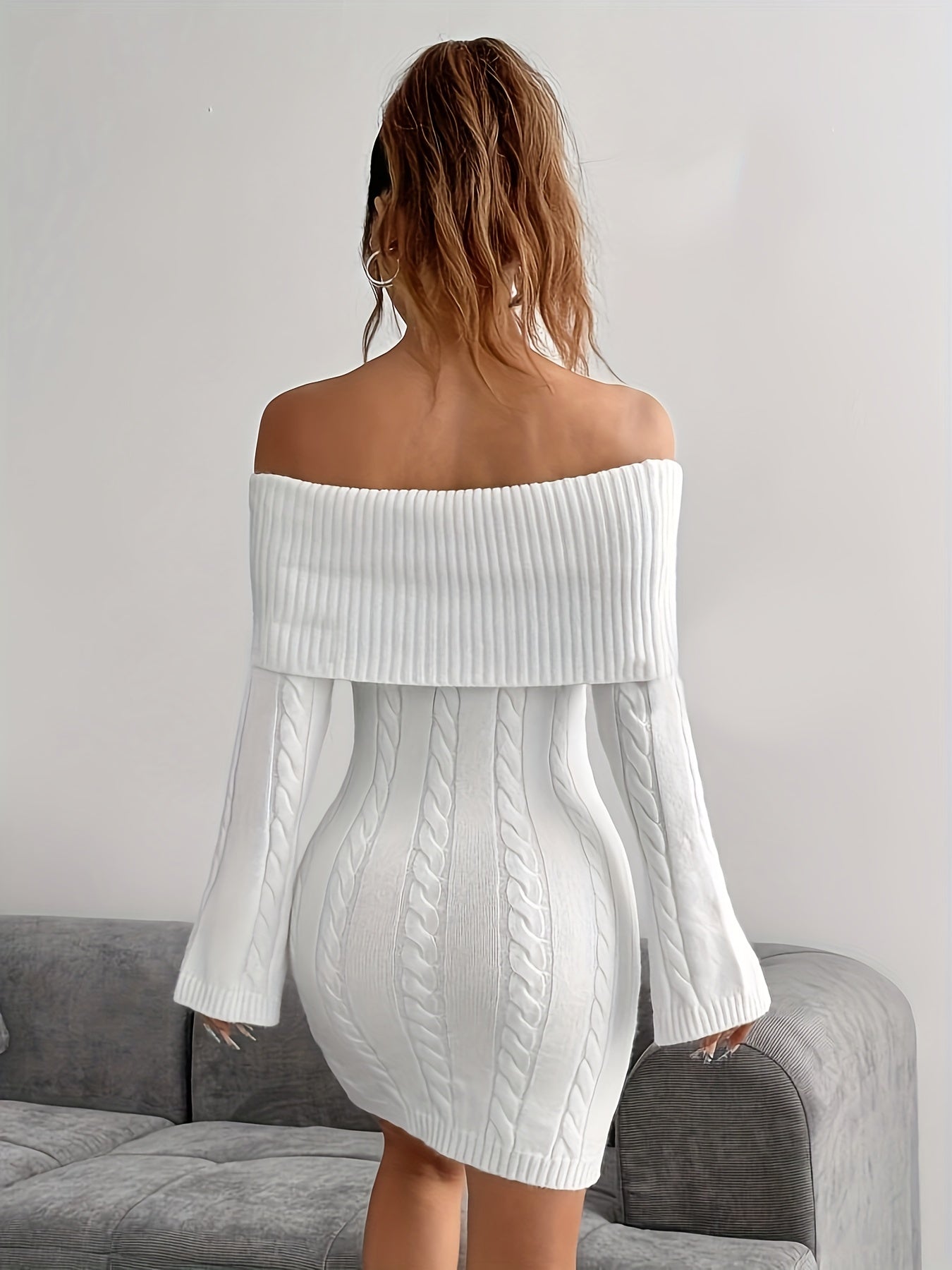 [Allseason Dress] Elegant Off-Shoulder Cable Knit Dress - Chic White Long Sleeve Bodycon Mini with Ribbed Detailing, Polyester, Perfect for All Seasons