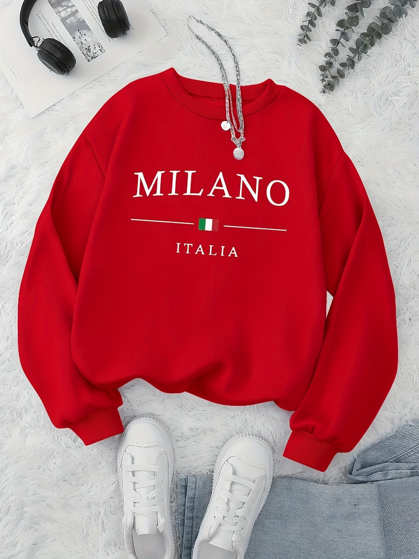 MILANO Print Pullover Sweatshirt, Casual Long Sleeve Crew Neck Sweatshirt For Fall & Winter, Women's Clothing