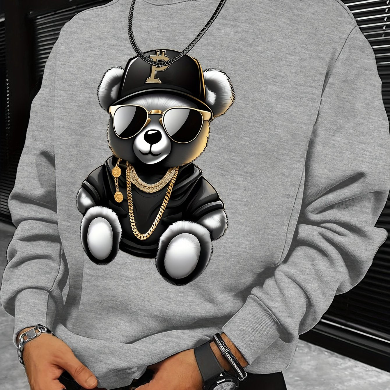 Men's Casual Long Sleeve Crew Neck Sweatshirt with Cool Bear Print - Soft Polyester Blend, Perfect for Fall & Winter