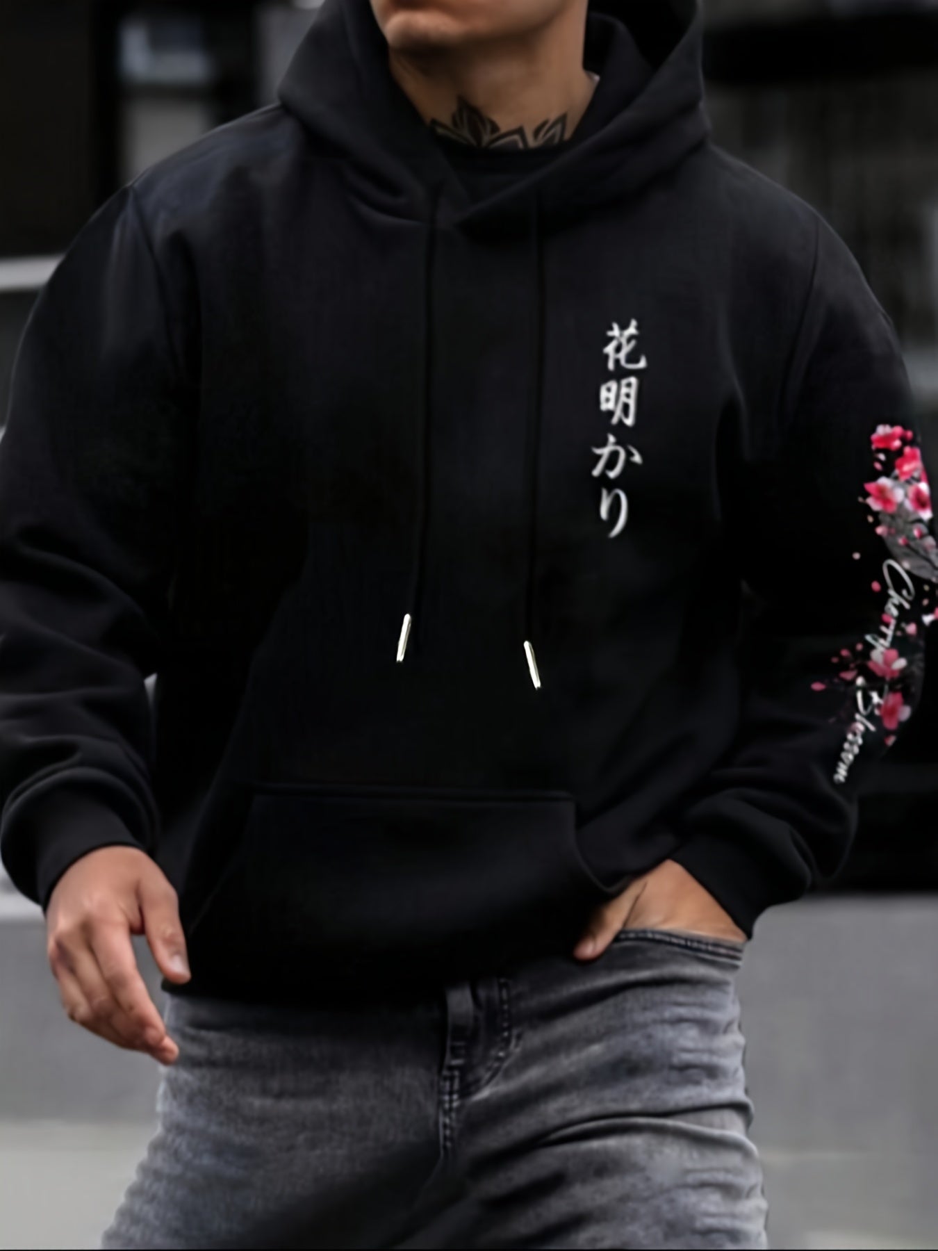 Men's Cherry Blossom Print Fleece-Lined Hoodie - Casual & Sporty Loose Fit Green Sweatshirt with Pockets, Polyester, Non-Stretch Fabric for Fall/Winter