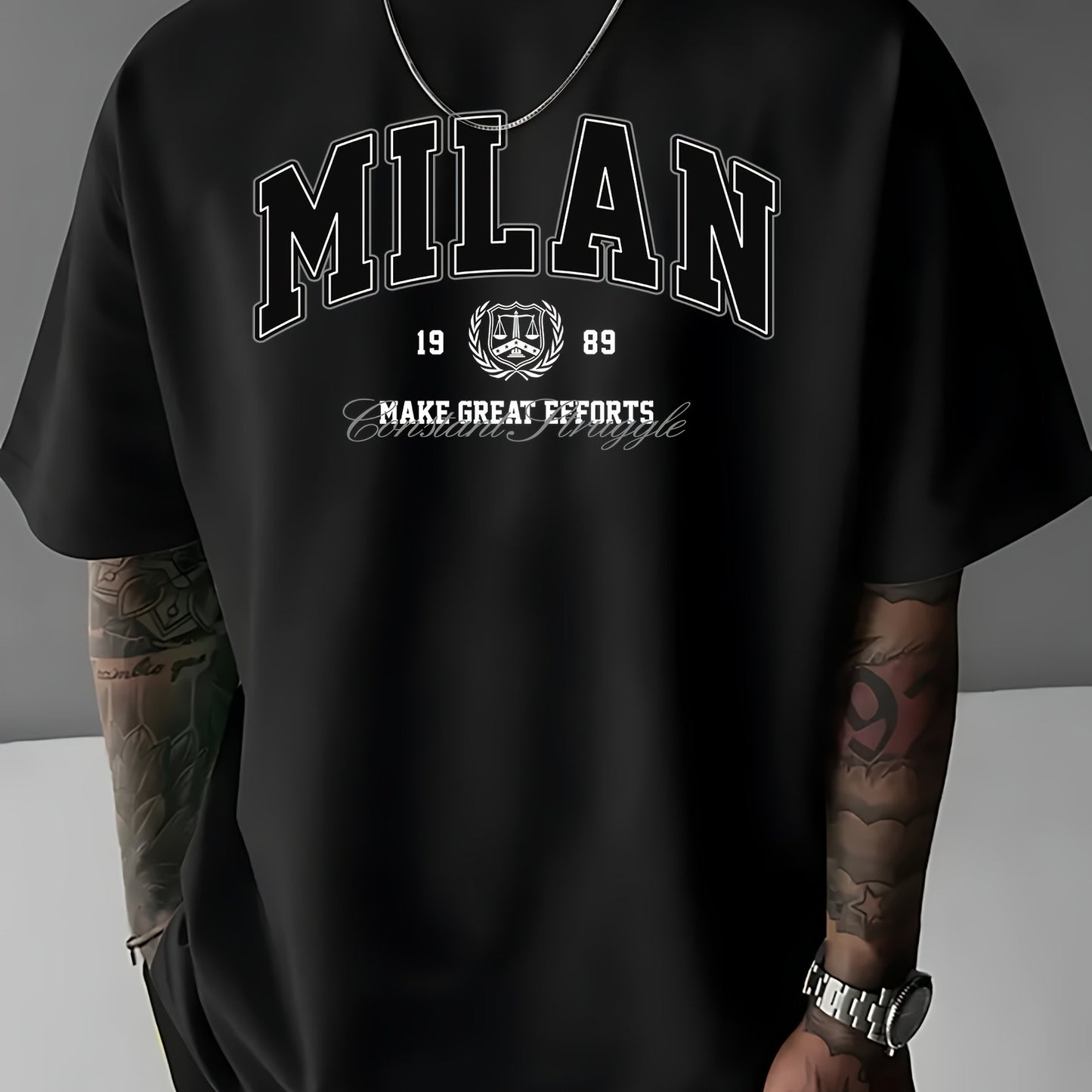 MILAN 1989 Graphic Print T-Shirt for Men - 100% Polyester Street Style Tee with Crew Neck, Slight Stretch Fabric, Casual Loose Fit Short Sleeve Top for Summer, Knit Weave