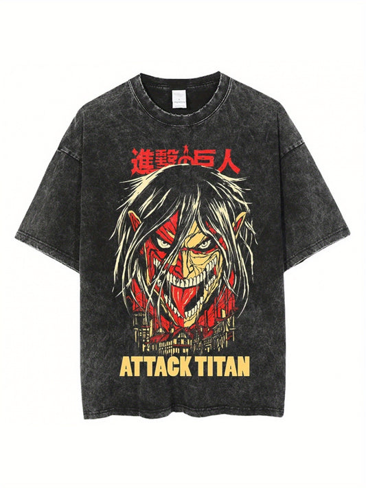Attack on Titan" Vintage Washed Cotton T-Shirt - Harajuku Oversized Tee with Eerie Anime Graphic, Streetwear, Machine Washable, Short Sleeve, Black